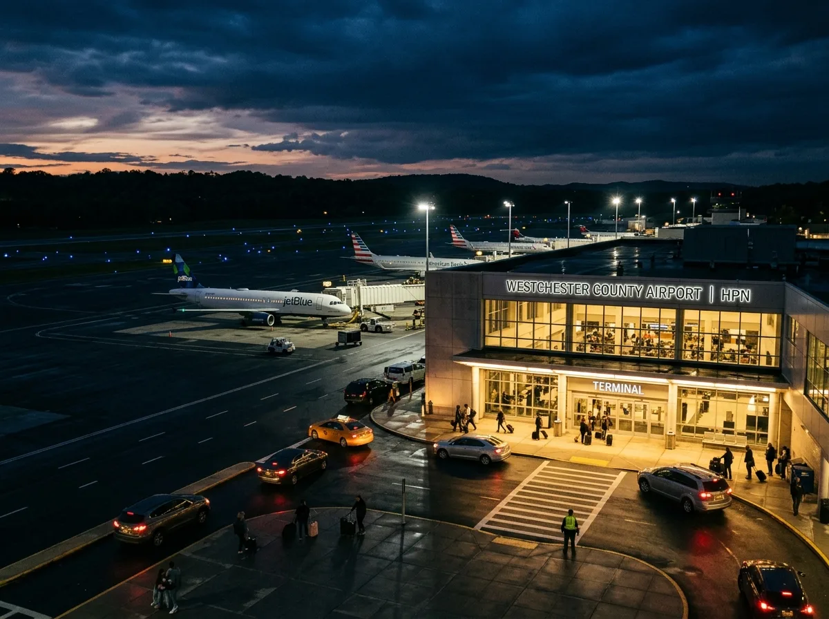 Westchester County Airport terminal exterior at dusk, illuminated entrance, wide tarmac visible, cinematic dark mood