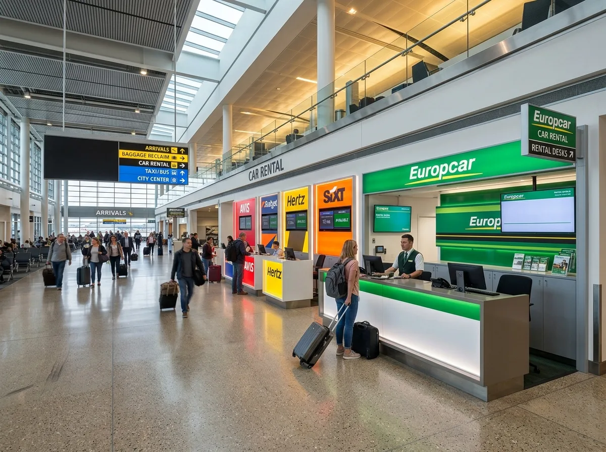 Airport terminal arrivals hall with rental counter desk visible, clean modern interior, bright signage
