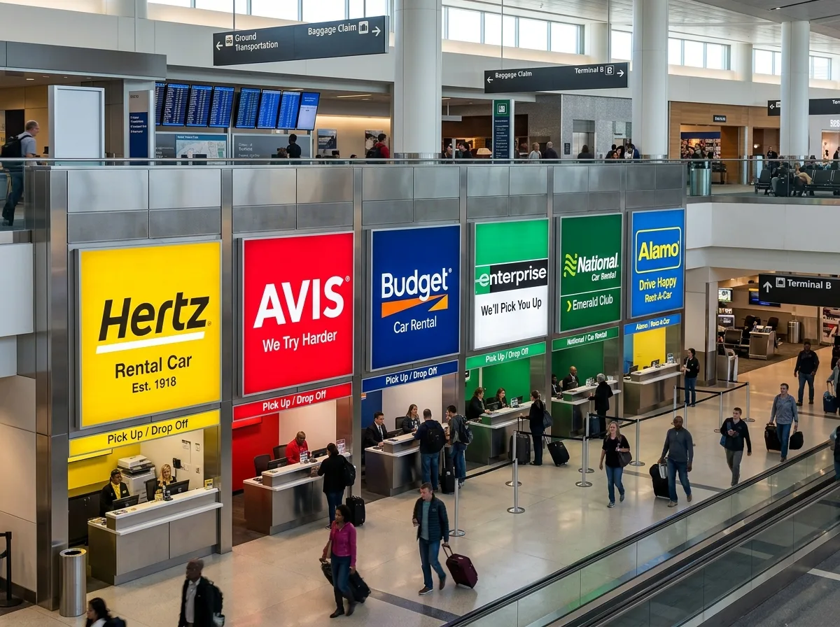 Six car rental brand logos displayed side by side on illuminated airport concession wall