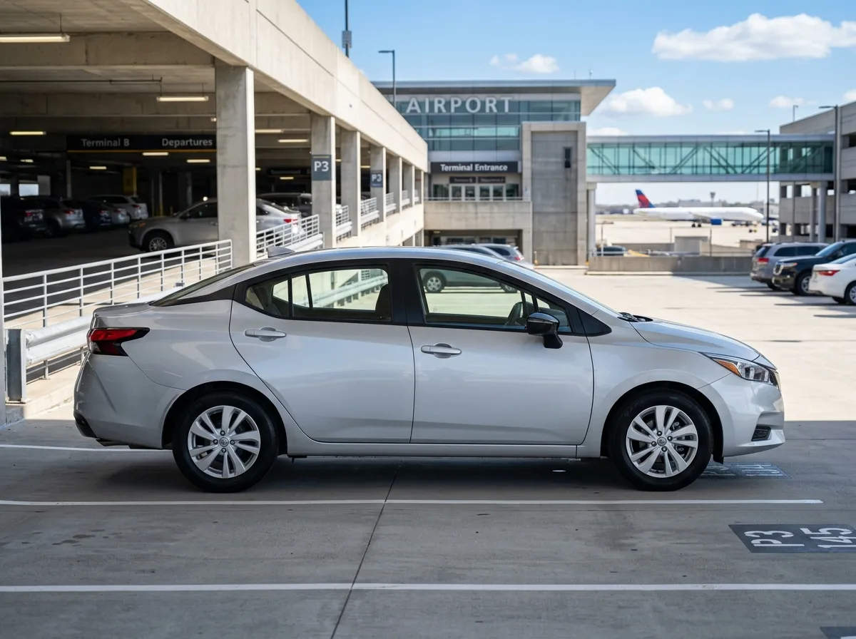 Nissan Versa compact sedan in silver, airport parking background, side view clean studio look