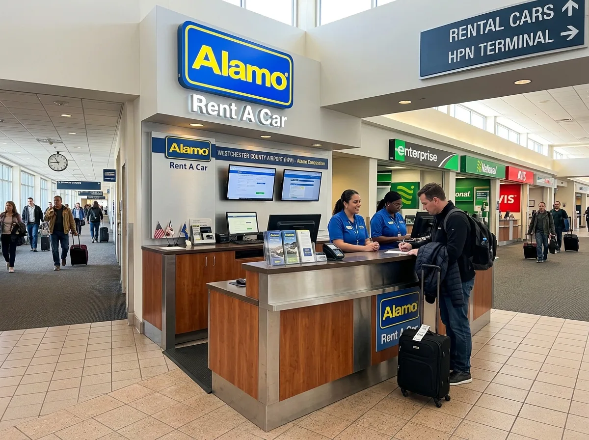 Alamo car rental logo, on-airport concession at HPN White Plains Westchester County Airport