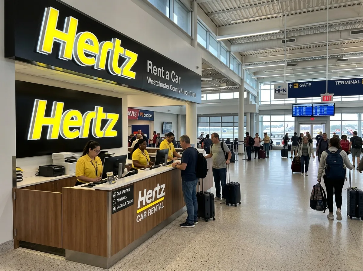 Hertz car rental logo, Hertz counter inside Westchester County Airport main terminal building