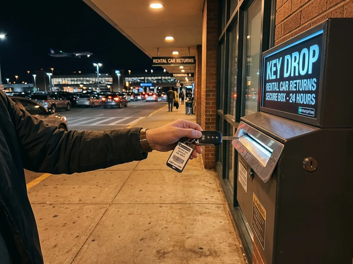 Rental car key being placed in secure key drop box at airport return location, late evening mood